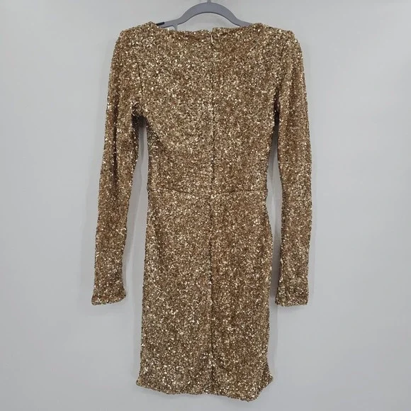 Oh Polly Sephina Gold Sequin Long Sleeve Mini Dress Sweetheart Neck Size 8 NEW - Picture 2 of 12